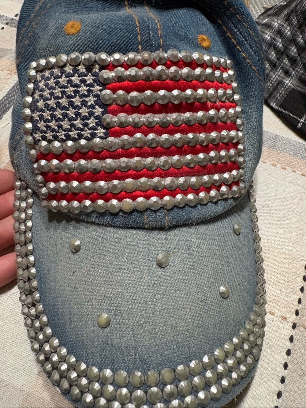 Women’s Denim Jeans Hat with American Flag Stud Detail